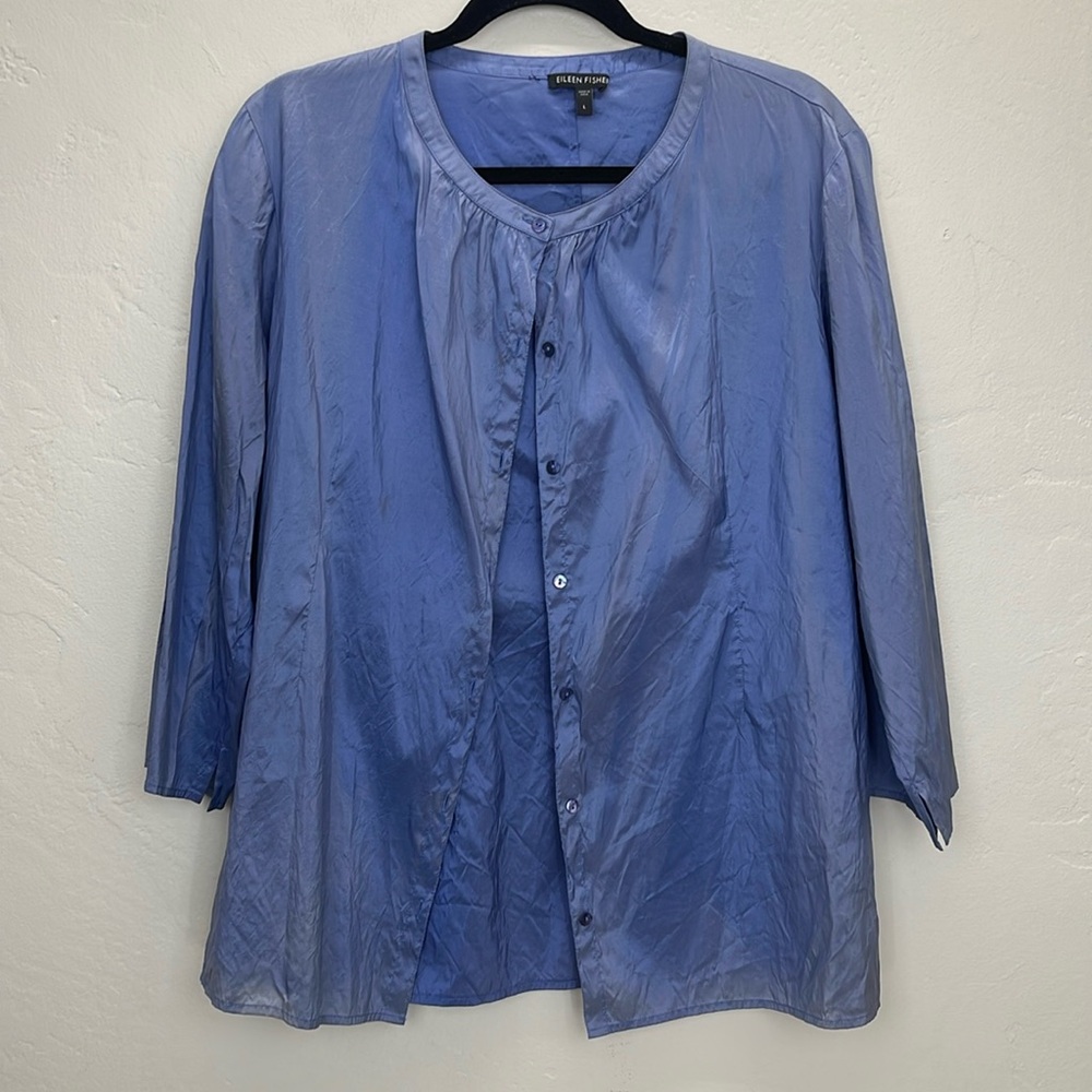 Eileen Fisher Silk Sky Blue Button Front Blouse L